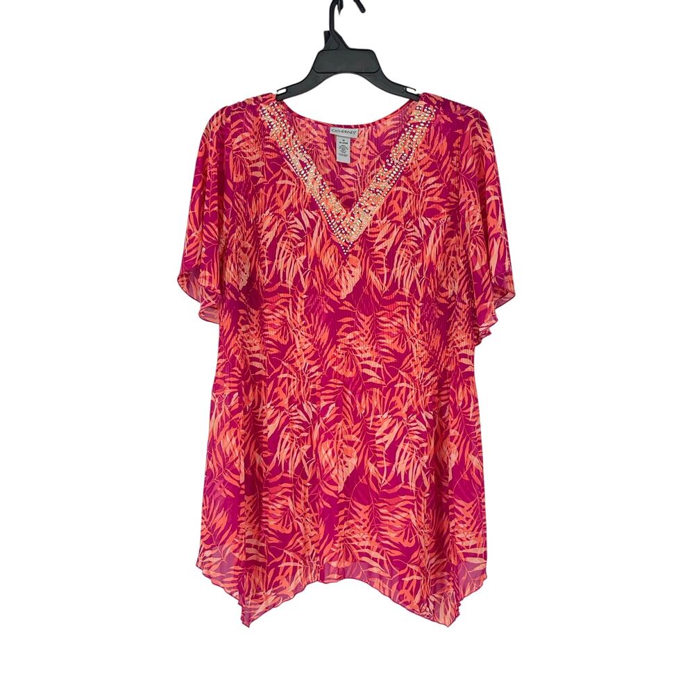 Catherine’s Tunic Top Beading Floral V-Neck Tropical Size 18/20 Beachy Boho‎